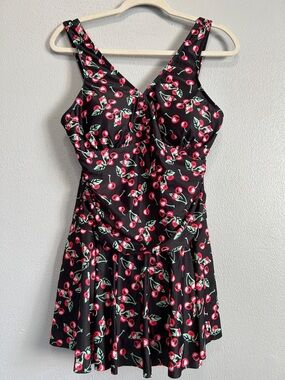 Black Cherry print Swim dress with built in boy shorts. 2XL